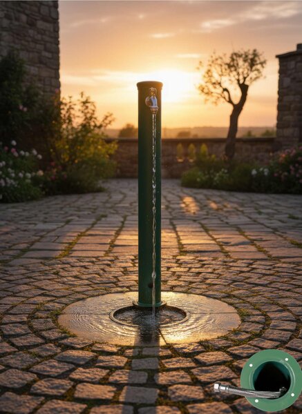 Fontana da Giardino con Rubinetto Forma Rotonda Dimensioni 30x16xh 101 cm - peso 2,5 kg con tubo rubinetto, Colore Verde