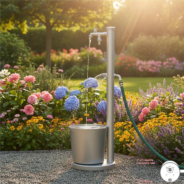 Fontana da Giardino con Rubinetto e vasca Rotonda Dimensioni 30x30x h 88,5 cm - peso 6,5kg con tubo rubinetto, Colore Alluminio