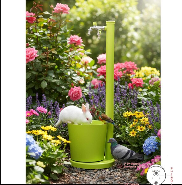 Fontana da Giardino con Rubinetto e vasca Rotonda Dimensioni 30x30x h 88,5 cm - peso 6,5kg con tubo rubinetto, Colore Verde