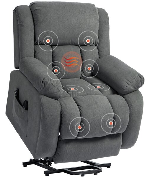 HOMCOM Poltrona Moderno con 2 Tasche e Telecomando, Sedia Alzapersona Massaggiante e Reclinabile, 93x104x105 cm, Grigio | Aosom Italy