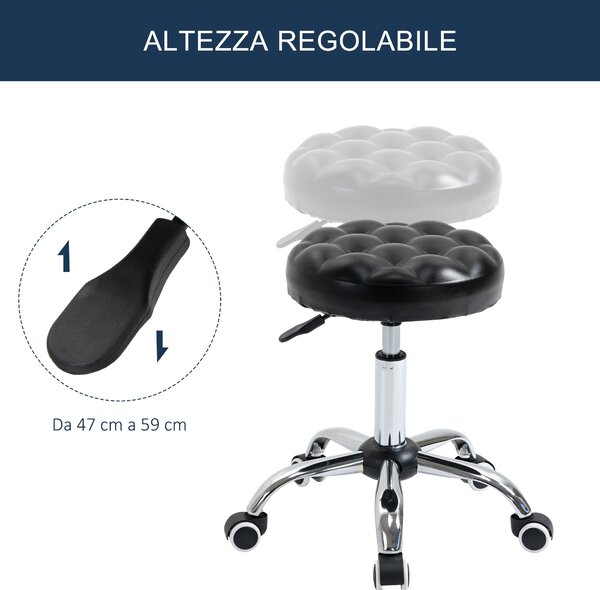 HOMCOM Sgabello ad Altezza Regolabile con 5 Ruote Girevoli, in Acciaio, Gommapiuma e Similpelle, Ф48x47-59Acm, Nero|Aosom
