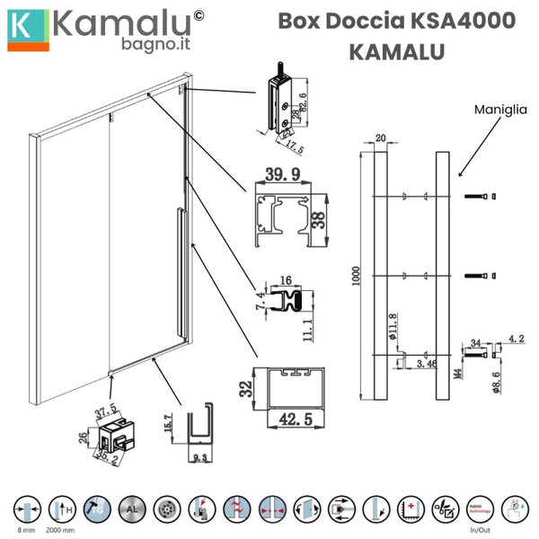 Kamalu doccia nicchia oro rosa 140cm scorrevole altezza 200cm | ksa4000g