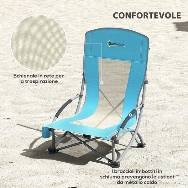Outsunny Set 2 Sedie da Spiaggia Pieghevoli con Braccioli con Portabicchieri e Borsa di Trasporto, Blu