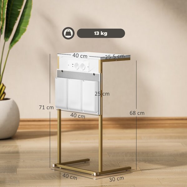 HOMCOM Tavolino da Salotto a Forma di C Effetto Marmo con Prese di Corrente e USB Integrate, Bianco | Aosom Italy