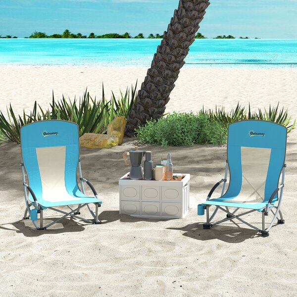 Outsunny Set 2 Sedie da Spiaggia Pieghevoli con Braccioli con Portabicchieri e Borsa di Trasporto, Blu