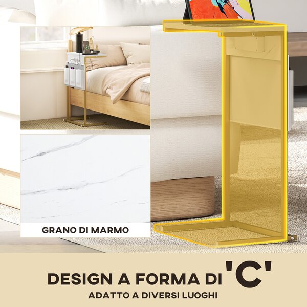 HOMCOM Tavolino da Salotto a Forma di C Effetto Marmo con Prese di Corrente e USB Integrate, Bianco | Aosom Italy