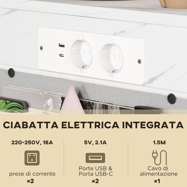 HOMCOM Tavolino da Salotto a Forma di C Effetto Marmo con Prese di Corrente e USB Integrate, Bianco | Aosom Italy