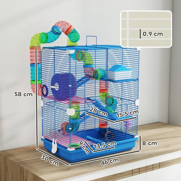 PawHut Gabbia per Criceti a 5 Livelli con Tubi, Ruota, Scale, Casetta e Bottiglia, 46x30x58 cm | Aosom Italy
