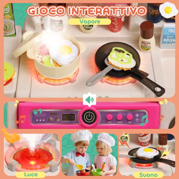 AIYAPLAY Cucina Giocattolo per Bambini 3-6 Anni con 104 Accessori, in PP, PE e ABS, 52.5x22x100 cm, Rosa | Aosom Italy