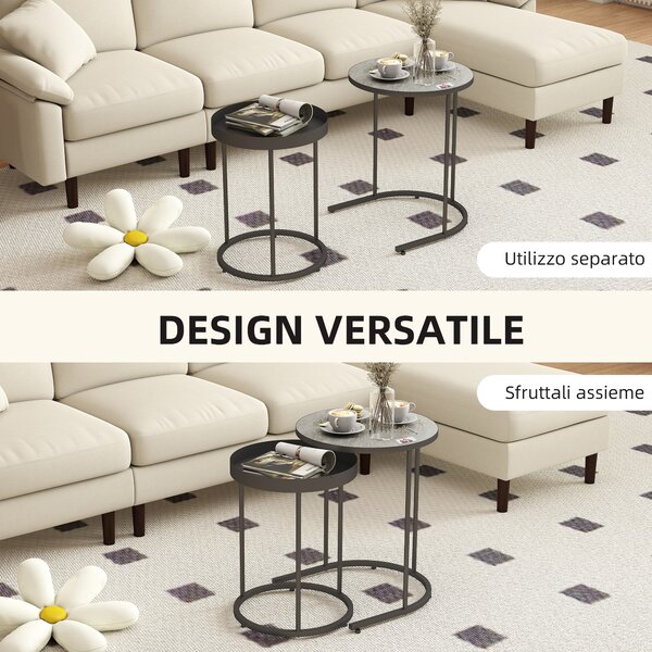 HOMCOM Set 2 Tavolini da Salotto Impilabili in Stile Industriale, in Legno e Metallo, Ø42x54 cm e Ø36.5x48.5 cm, Grigio e Nero | Aosom Italy