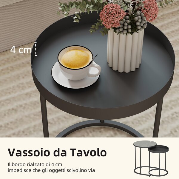 HOMCOM Set 2 Tavolini da Salotto Impilabili in Stile Industriale, in Legno e Metallo, Ø42x54 cm e Ø36.5x48.5 cm, Grigio e Nero | Aosom Italy
