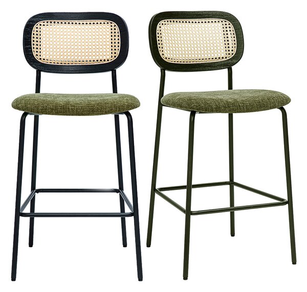 Sgabelli design in tessuto effetto velluto testurizzato verde cachi, metallo nero e rattan intrecciato (set di 2) MIRANDA