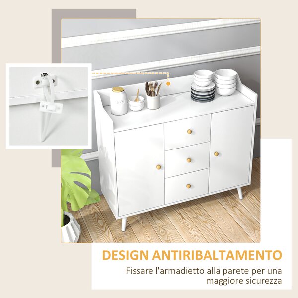HOMCOM Credenza Moderna in Legno con 3 Cassetti e 2 Armadietti a 2 Livelli, 90x32x80 cm, Bianco | Aosom Italy