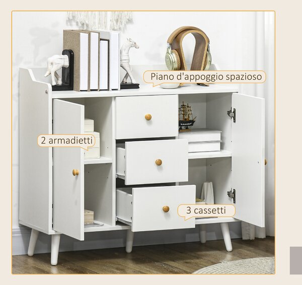 HOMCOM Credenza Moderna in Legno con 3 Cassetti e 2 Armadietti a 2 Livelli, 90x32x80 cm, Bianco | Aosom Italy