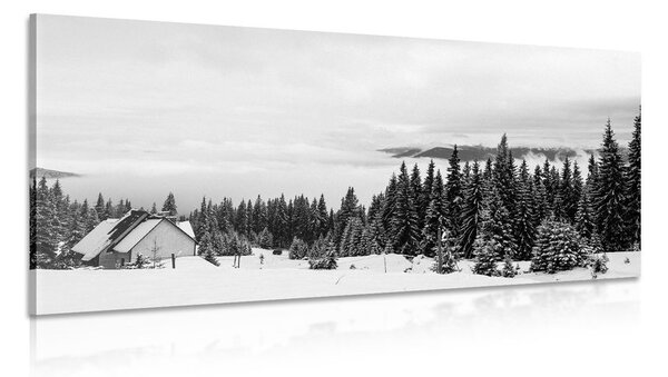 Quadro su tela – Casetta nella natura innevata in bianco e nero