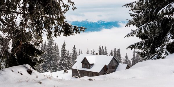Stampa su tela – Casetta di legno tra pini innevati