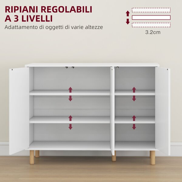 Credenza Moderna con 2 Armadietti a 3 Ripiani in Legno, ante lisce senza maniglie e sistema antiribaltamento,107x40x80 cm, Bianco | Aosom Italy