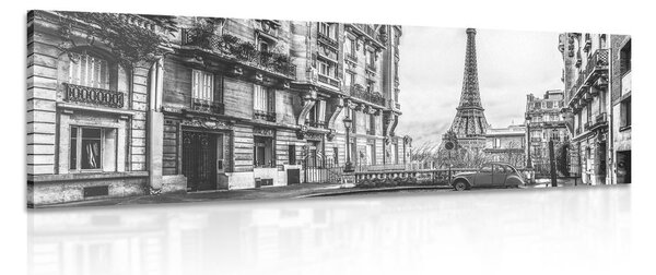 Stampa su tela – Vista sulla Torre Eiffel dalla strada di Parigi in bianco e nero