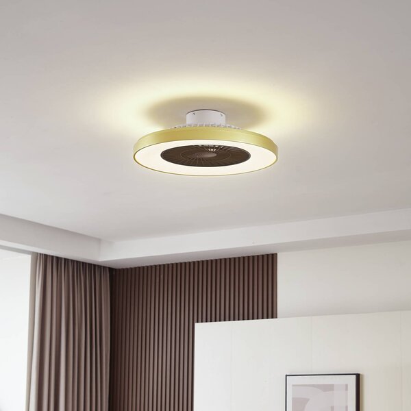 Ventilatore da soffitto Lindby LED Teleo, ottone, DC, silenzioso, Tuya Teleo Lindby, dimmerabile, Ottone / Oro, Soggiorno / Sala da pranzo, Plastica, Moderno