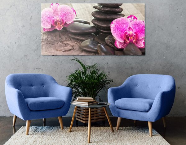 Quadro su tela – Orchidea e pietre Zen su sfondo in legno