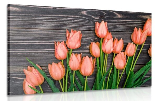 Stampa su tela – Incantevoli tulipani arancioni su sfondo di legno