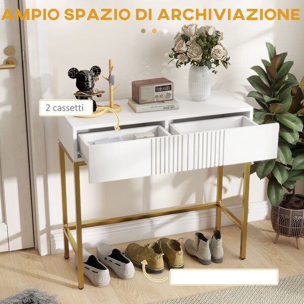 HOMCOM Tavolo Moderna per Ingresso a linee con 2 Cassetti e Gambe Dorate, Consolle con Rivestimento in plastica e Base in acciaio, Bianco|Aosom Italy