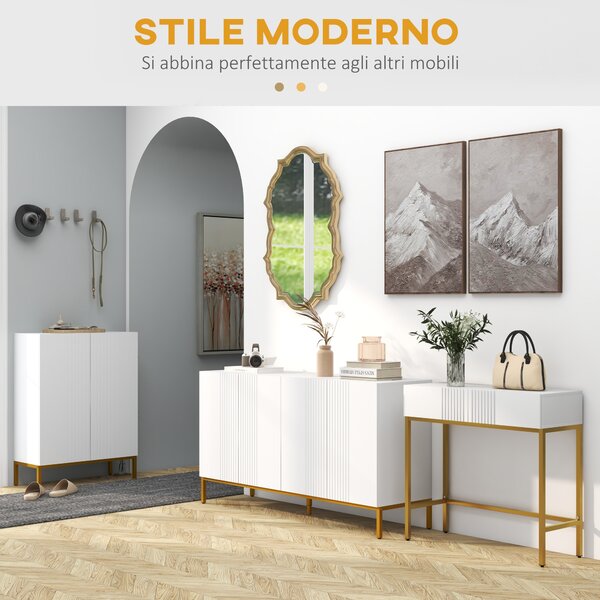 HOMCOM Tavolo Moderna per Ingresso a linee con 2 Cassetti e Gambe Dorate, Consolle con Rivestimento in plastica e Base in acciaio, Bianco|Aosom Italy