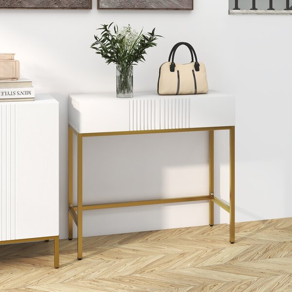 HOMCOM Tavolo Moderna per Ingresso a linee con 2 Cassetti e Gambe Dorate, Consolle con Rivestimento in plastica e Base in acciaio, Bianco|Aosom Italy