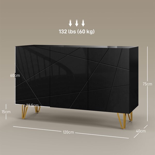 HOMCOM Mobile Contenitore con 2 Armadietti e Ripiano Regolabile, in Truciolato e Metallo, 120x40x75 cm, Nero e Oro|Aosom