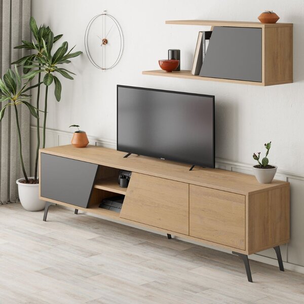 DecHome Parete Attrezzata Moderna Mobile TV + Mobile a Parete Dimensioni 48x35,60x180 cm colore Antracite/Rovere - Fiona