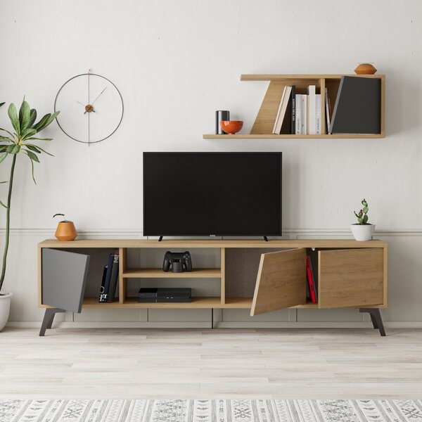 DecHome Parete Attrezzata Moderna Mobile TV + Mobile a Parete Dimensioni 48x35,60x180 cm colore Antracite/Rovere - Fiona