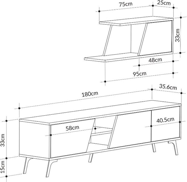 DecHome Parete Attrezzata Moderna Mobile TV + Mobile a Parete Dimensioni 48x35,60x180 cm colore Antracite/Rovere - Fiona