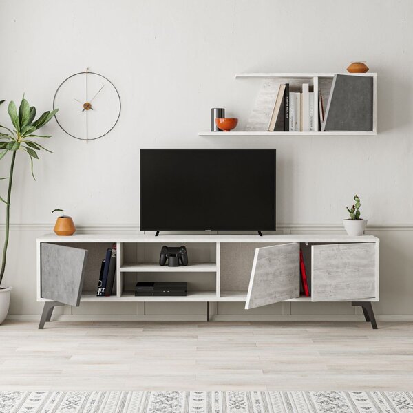DecHome Parete Attrezzata Moderna Mobile TV + Mobile a Parete Dimensioni 48x35,60x180 cm colore Bianco - Fiona