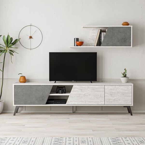 DecHome Parete Attrezzata Moderna Mobile TV + Mobile a Parete Dimensioni 48x35,60x180 cm colore Bianco - Fiona