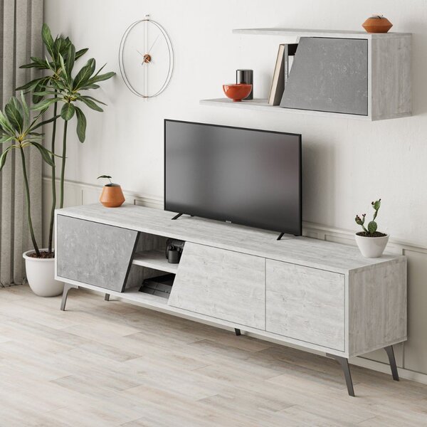 DecHome Parete Attrezzata Moderna Mobile TV + Mobile a Parete Dimensioni 48x35,60x180 cm colore Bianco - Fiona