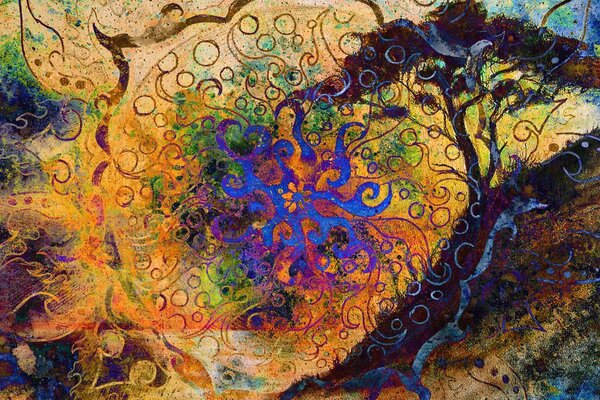Quadro su tela – Albero con sfondo orientale