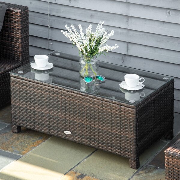 Outsunny Tavolino da Giardino Esterno Piano in Vetro Temperato 5mm, Rattan, 85 x 50 x 39 cm Brown color 85x50x39cm|Aosom