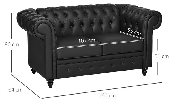 HOMCOM Moderno Divano Due Posti Stile Chesterfield in Ecopelle Nero con Gambe in Legno e Struttura Solida