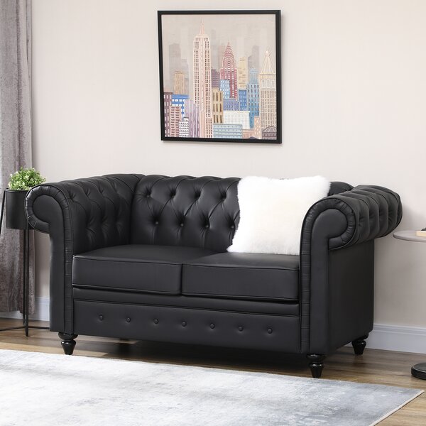 HOMCOM Moderno Divano Due Posti Stile Chesterfield in Ecopelle Nero con Gambe in Legno e Struttura Solida