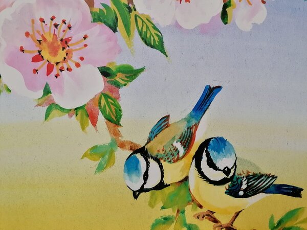 Quadro su tela – Cince e fiori in fiore