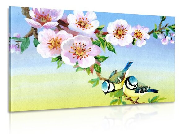 Quadro su tela – Cince e fiori in fiore
