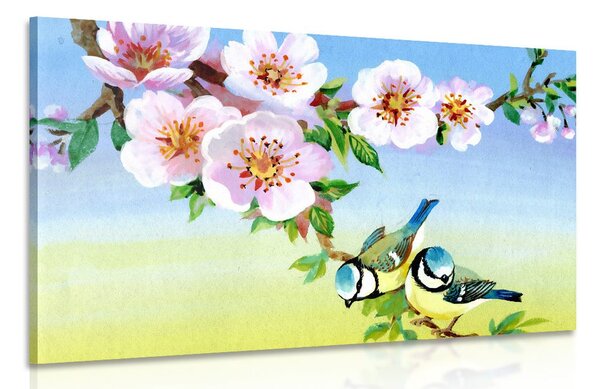 Quadro su tela – Cince e fiori in fiore
