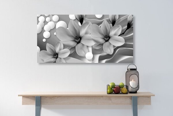 Quadro su tela – Magnolia in bianco e nero su sfondo astratto
