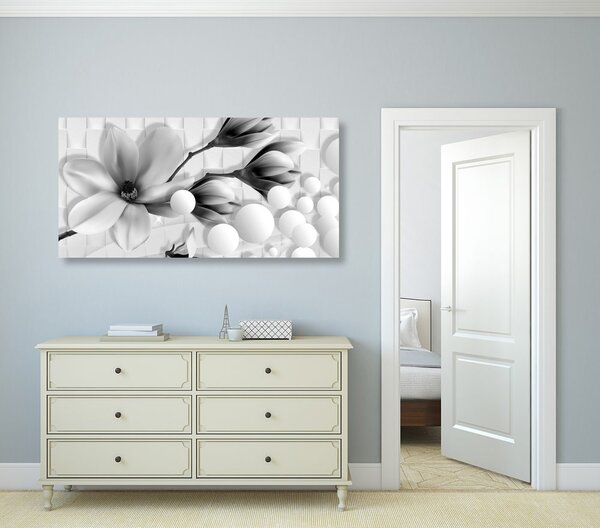 Quadro su tela – Magnolia in bianco e nero con elementi astratti