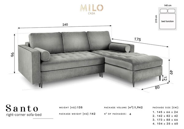 Divano letto angolare in velluto grigio scuro, angolo destro Santo - Milo Casa