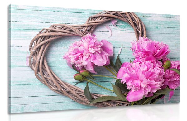 Stampa su tela – Peonie su cuore di legno