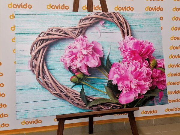 Stampa su tela – Peonie su cuore di legno