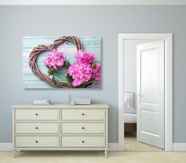 Stampa su tela – Peonie su cuore di legno