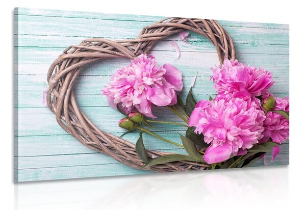 Stampa su tela – Peonie su cuore di legno