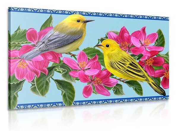 Quadro su tela – Uccellini e fiori in versione vintage